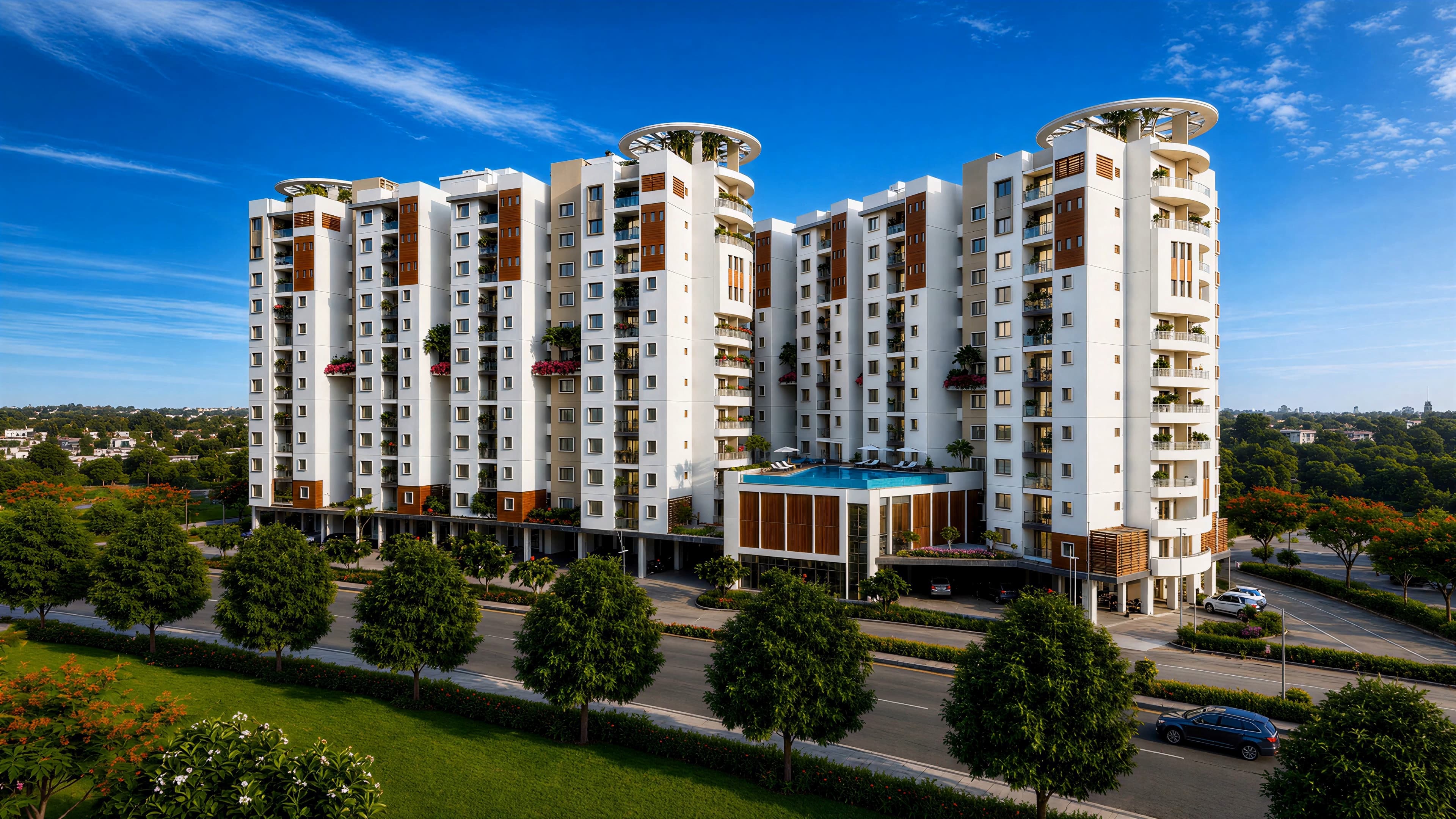 A landscaped residential development of white apartment towers seen from the air