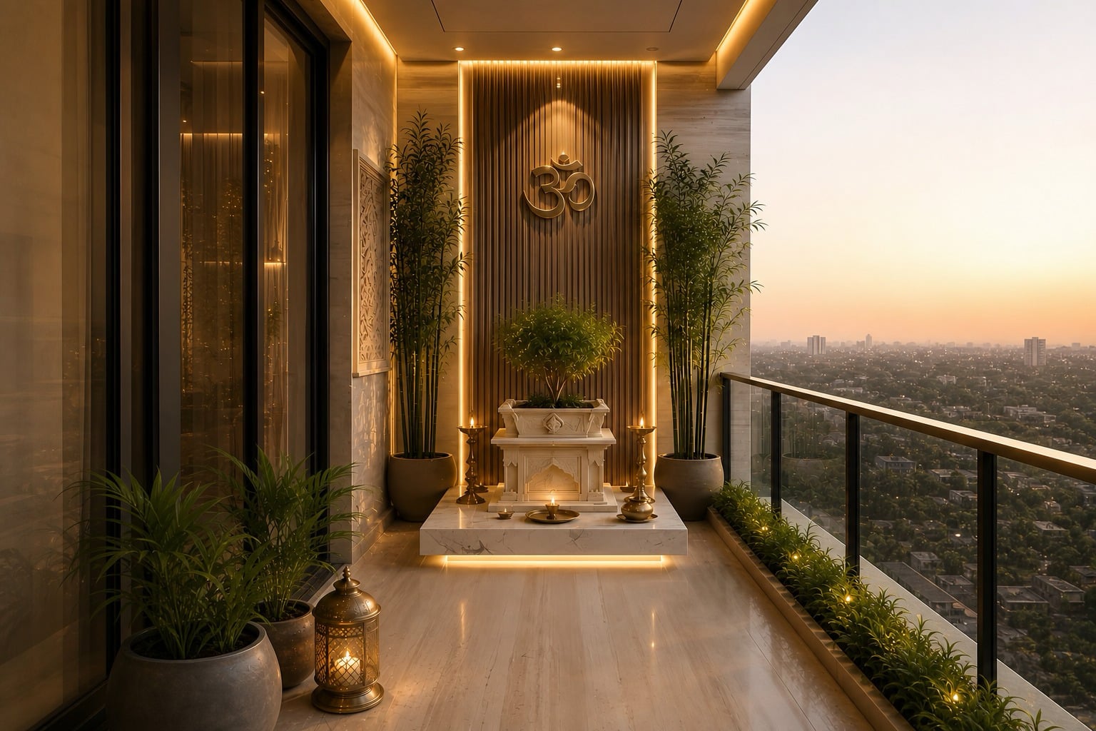 A balcony shrine at dusk, warmly lit, with a marble platform, brass lamps and bamboo either side, open to the city skyline